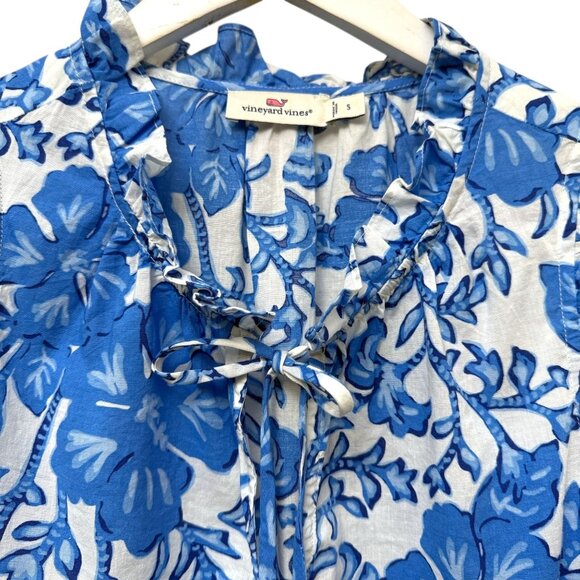 VINEYARD VINES Womens Top Size Small Blue White Floral Sleeveless Ruffle Blouse - Picture 2 of 8